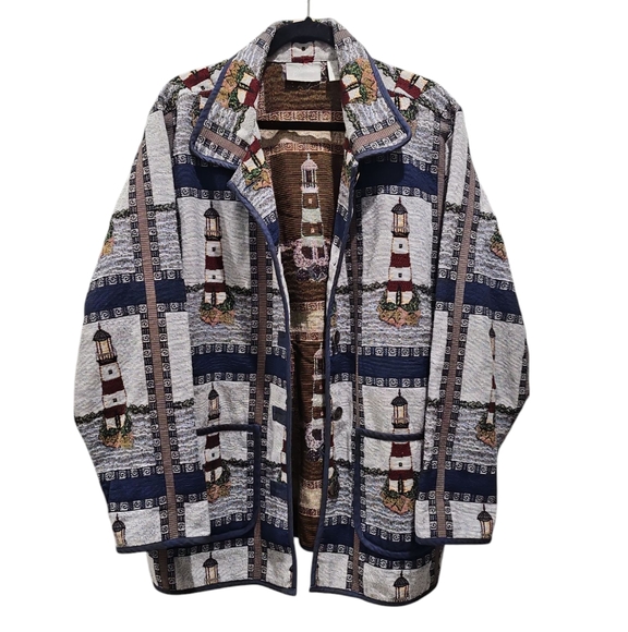 Blair Womens Lighthouse Tapestry Jacket Size X-Large Blue Novelty Print Summer - Picture 1 of 4